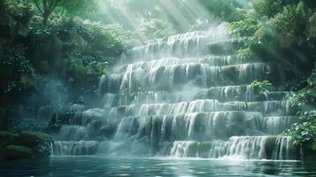 waterfall in the jungle with sun shining through photo