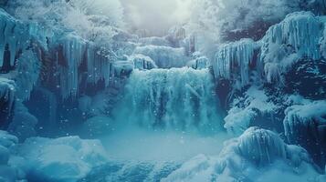 a waterfall is covered in ice and snow photo