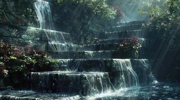 a waterfall in the jungle with waterfalls and plants photo