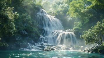 a beautiful waterfall in the middle of a lush forest photo