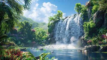 a waterfall in the jungle with tropical plants photo