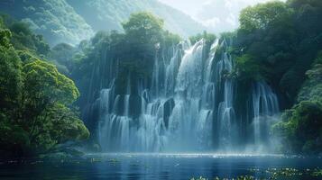 a waterfall in the middle of a forest photo
