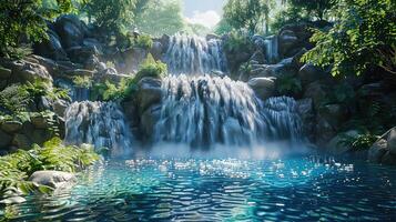 a waterfall in the jungle with water and rocks photo