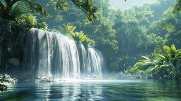 a waterfall in the jungle with lush vegetation photo