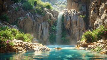 a waterfall in the middle of a mountain with flowers photo