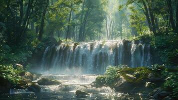 a waterfall in the forest with green trees photo