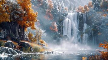 a waterfall in the middle of a snowy forest photo