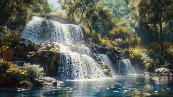 a waterfall in the middle of a forest photo