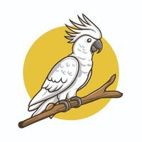 Cockatoo parrot sitting on brunch. Colorful exotic bird with orange crest in cartoon style illustration on white background. vector