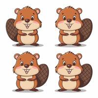 Beaver wild animal set illustration. Funny character in various poses cartoon design Isolated on white background. vector