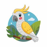 Cockatoo parrot sitting on brunch. Colorful exotic bird with orange crest in cartoon style illustration on white background. vector