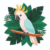 Cockatoo parrot sitting on brunch. Colorful exotic bird with orange crest in cartoon style illustration on white background. vector