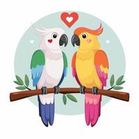 Cockatoo parrot sitting on brunch. Colorful exotic bird with orange crest in cartoon style illustration on white background. vector