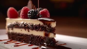 a mouthwatering close-up shot of a slice of freshly baked cake dripping with decadent jam ganache photo