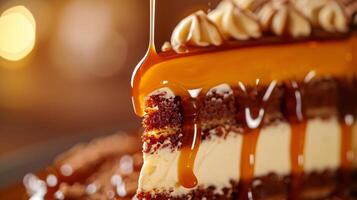 a mouthwatering close-up shot of a slice of freshly baked cake dripping with decadent jam ganache photo