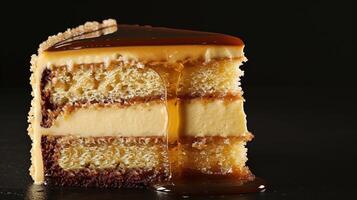 a mouthwatering close-up shot of a slice of freshly baked cake dripping with decadent jam ganache photo