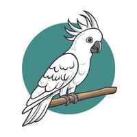 Cockatoo parrot sitting on brunch. Colorful exotic bird with orange crest in cartoon style illustration on white background. vector