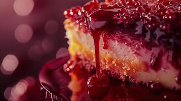 a mouthwatering close-up shot of a slice of freshly baked cake dripping with decadent jam ganache photo