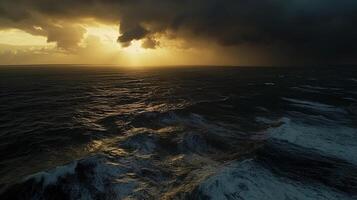 Moody Aerial Landscape Depict a dramatic aerial view of a vast coastline during a stormy sunset photo