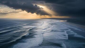 Moody Aerial Landscape Depict a dramatic aerial view of a vast coastline during a stormy sunset photo