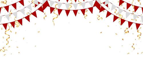 red, white garland flag and gold confetti decoration frame banner celebration party, holiday vector