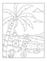 Hand-drawn Summer coloring book for kids and adults with palm tree and surfing boat in beach vector