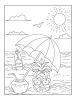 Summer coloring book for kids and adults, pineapple and coconut under umbrella, beach outline vector