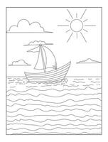 Summer coloring book for kids and adults, a drawing of a boat with the sun in the background. vector