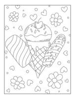 Summer coloring book for kids and adults, ice cream outline design, floral coloring book, hand drawn outline illustration for coloring book vector
