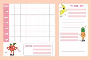 Weekly planner. Weekly calendar design template for children with cute fruit characters in a groovy style. Flat lay, pastel colors. Back to school. vector