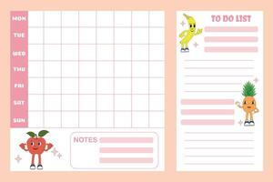 Weekly planner. Weekly calendar design template for children with cute fruit characters in a groovy style. Flat lay, pastel colors. Back to school. vector