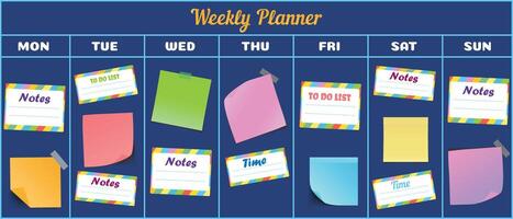 Weekly planner template with sticky notes. Organizer and schedule with space for notes, goals and to-do list. Fashionable style. Abstract modern design. vector