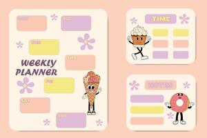 Weekly planner. Cute cartoon characters in a groovy style. Schedule for children. Calendar for elementary school students table. vector