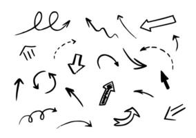 conjunto de dibujado a mano diferente negro flechas garabatear curvo y Derecho puntero colección aislado en blanco antecedentes vector