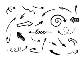 Set of hand-drawn arrows on white background. Curved, spiral, straight black pointers vector