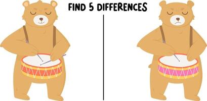 Find 5 differences kids game. Bear with drum drawing. vector