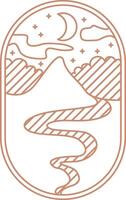 Nature brown outline boho logo. Night mountain, river, moon, landscape aesthetic icon. vector