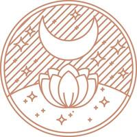 Mystical brown boho logo. Night lotus with moon and stars in the sky round shape aesthetic icon. vector