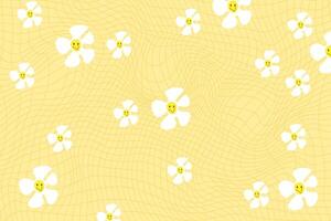 Yellow retro psychedelic checkerboard pattern with white daisy flowers. Groovy funky textures. vector
