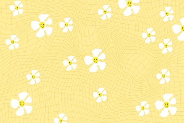 Yellow retro psychedelic checkerboard pattern with white daisy flowers. Groovy funky textures.