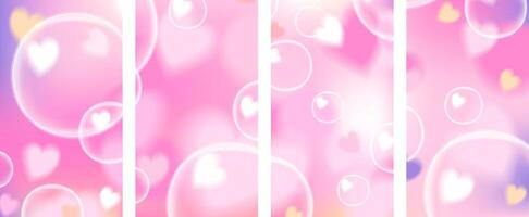 Cute y2k pink kawaii stories background template set with bubbles and hearts. vector