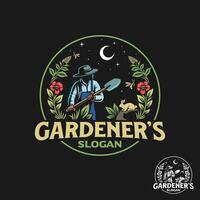 The circular logo ilustration depicts a gardener, rabbit, bee, and flowers. vector