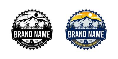 The Emblem Illustration Logo Features a Gear-Shaped Design with a Cyclist, a Mountain Peak, and Pine Trees vector