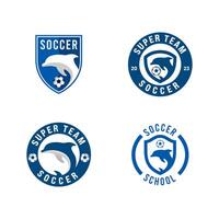 el azul fútbol logo presentando un delfín con un proteger y circular emblema vector