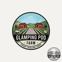 The Vintage Logo Illustration Depicting a Charming Glamping Pod Amidst Scenic Farmland. vector