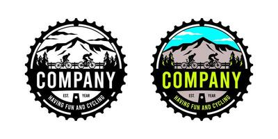 The Emblem Illustration Logo Features a Gear-Shaped Design with a Cyclist, a Mountain Peak, and Pine Trees vector