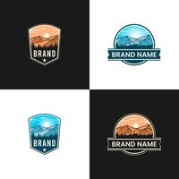 The Badge Logo Featuring a Valley Between Mountains under a Vast Sky with Pine Trees Around. vector