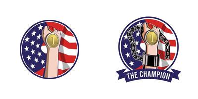 A Circular American Flag with a Hand Holding a Gold Medal. This Design is Suitable for Patriotic Themed Merchan. vector