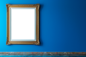 Antique picture frame on blue wall transparent background png