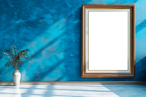 Blank picture frame on blue wall transparent background png